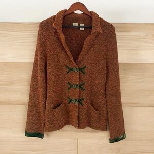 Anthropologie HWR Sweater Blazer Large Brown Velvet Trim Wool Blend Cardigan